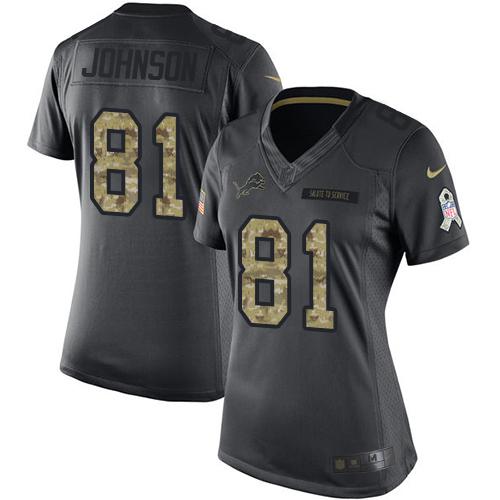 Nike Lions #81 Calvin Johnson Black Women's Stitched NFL Limited 2016 Salute to Service Jersey